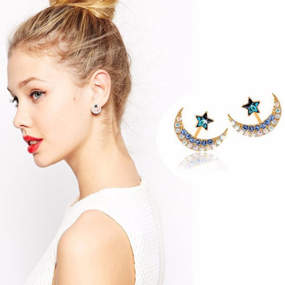 Jewelry - Crescent Moon and Star Ear Jackets.